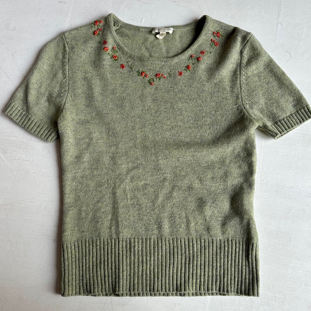 Escada Vintage Light Green Floral Embroidered Neckline Wool Knit Top